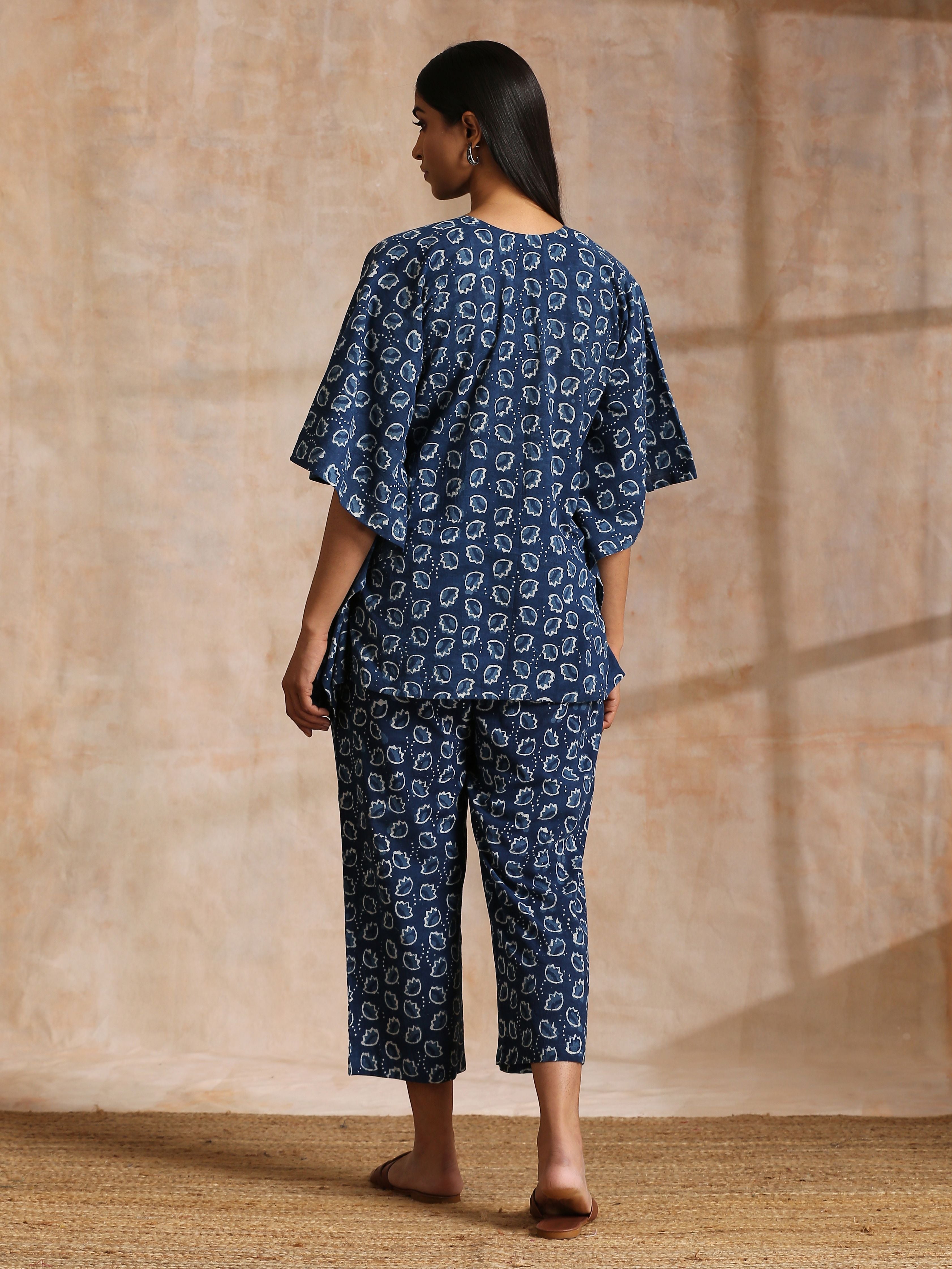 trueBrowns Indigo Dabu Floral Print Cotton Kaftan Co-Ord Set | Grocsy