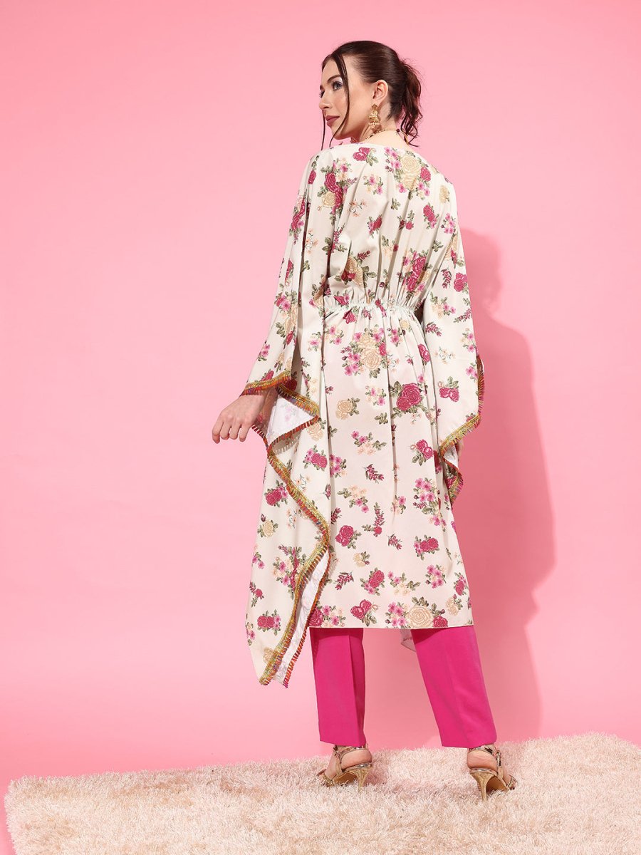 Ahalyaa Women Floral Printed Flared Sleeves Thread Work Crepe Kaftan Kurta | Grocsy