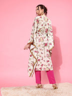 Ahalyaa Women Floral Printed Flared Sleeves Thread Work Crepe Kaftan Kurta | Grocsy