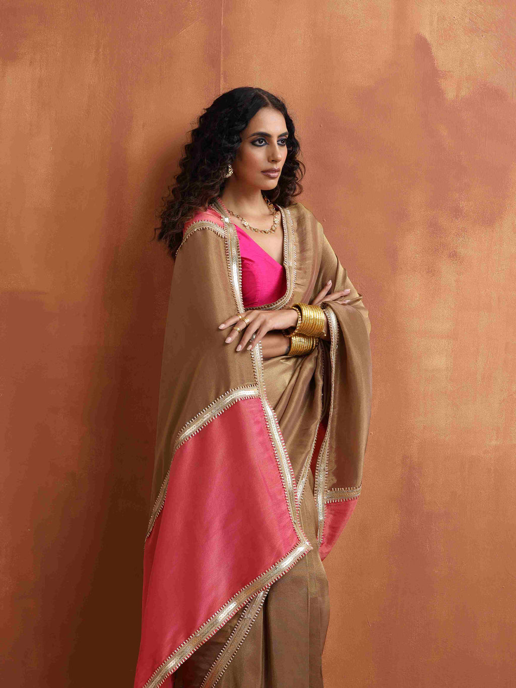 trueBrowns Bronze Tissue Ready To Wear Saree | Grocsy
