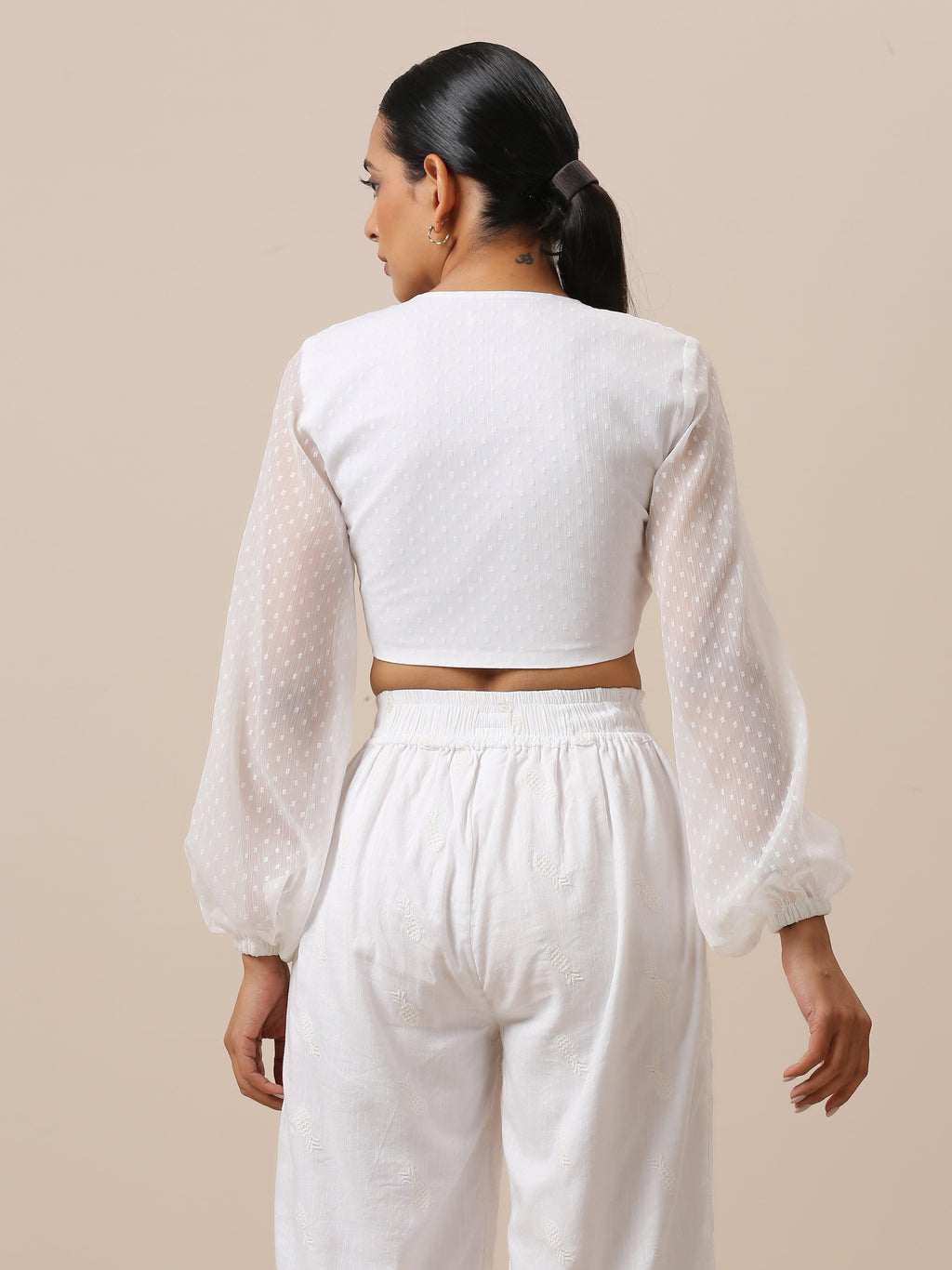trueBrowns Chiffon White Dobby Tie Up Top | Grocsy