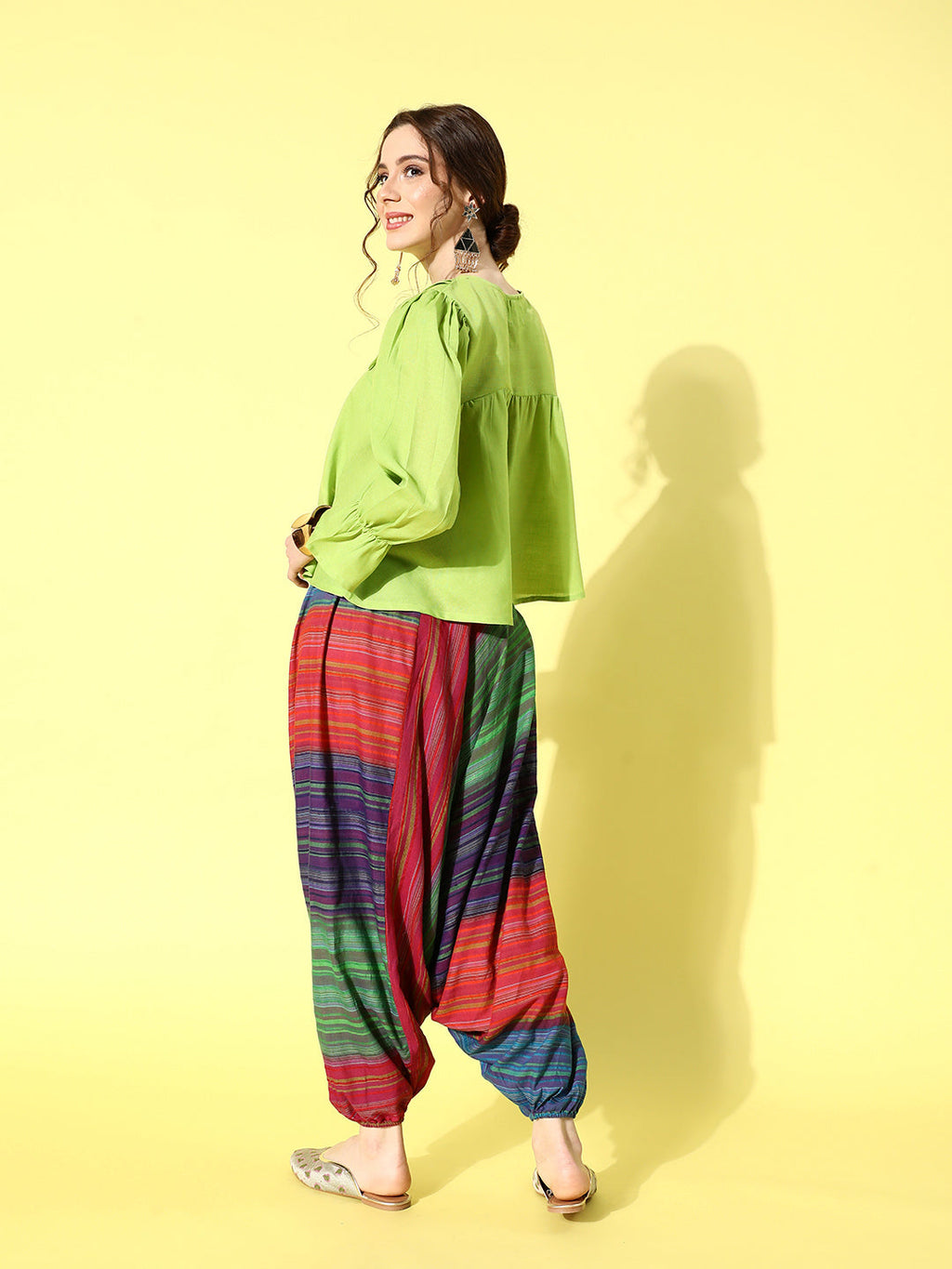 InWeave Women's Green Top With Multi Clr Harem Set | Grocsy