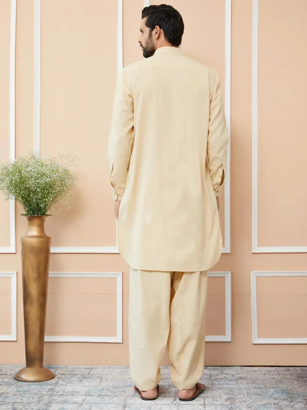 Fabmade Beige Cotton Linen Pathani Kurta With Salwar | Grocsy