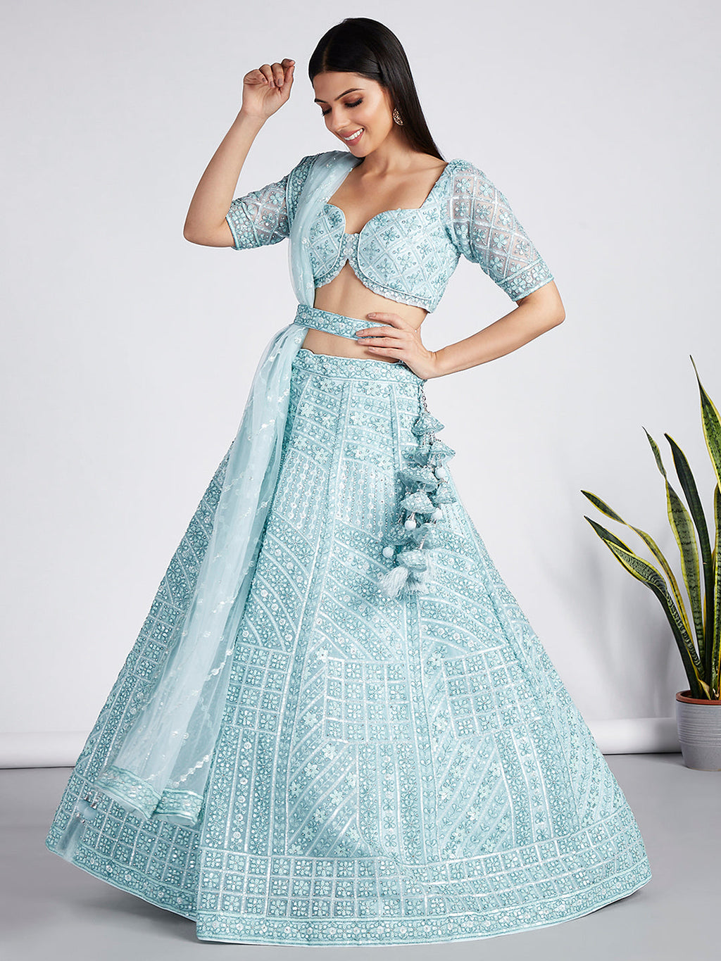 House of Panchhi Turquoise Blue Net Sequins, Zarkan And Thread Embroidery Lehenga Choli & Dupatta | Grocsy