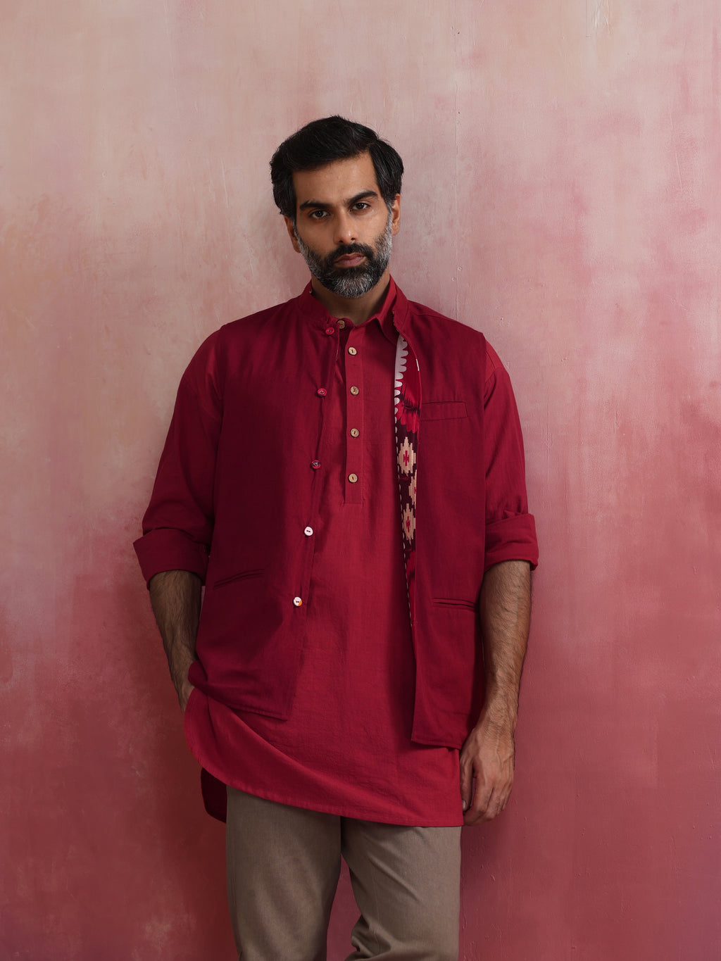 trueBrowns Men's Maroon Ikat Print Cotton Reversible Nehru Jacket | Grocsy