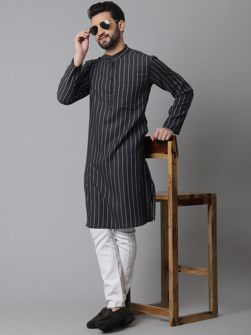Even Apparels Black Pure Cotton Kurta With Band Collar | Grocsy