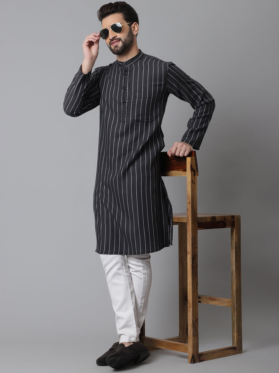 Even Apparels Black Pure Cotton Kurta With Band Collar | Grocsy