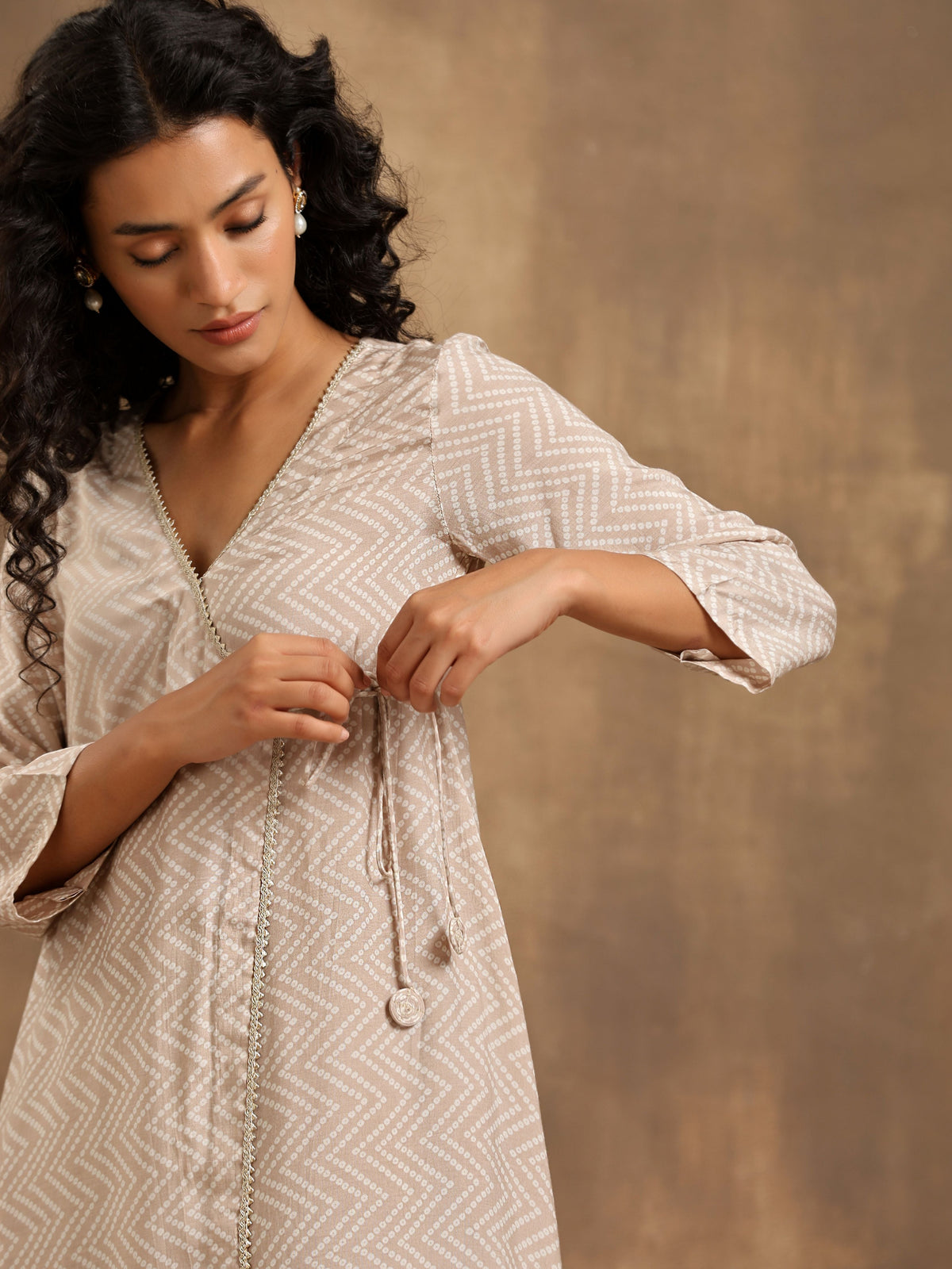 trueBrowns Beige Zig-Zag Print Silk Angrakha Kurta Pant Set | Grocsy