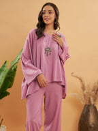 InWeave Women's Mauve Kantha Boho Full Sleeve Coord Set | Grocsy