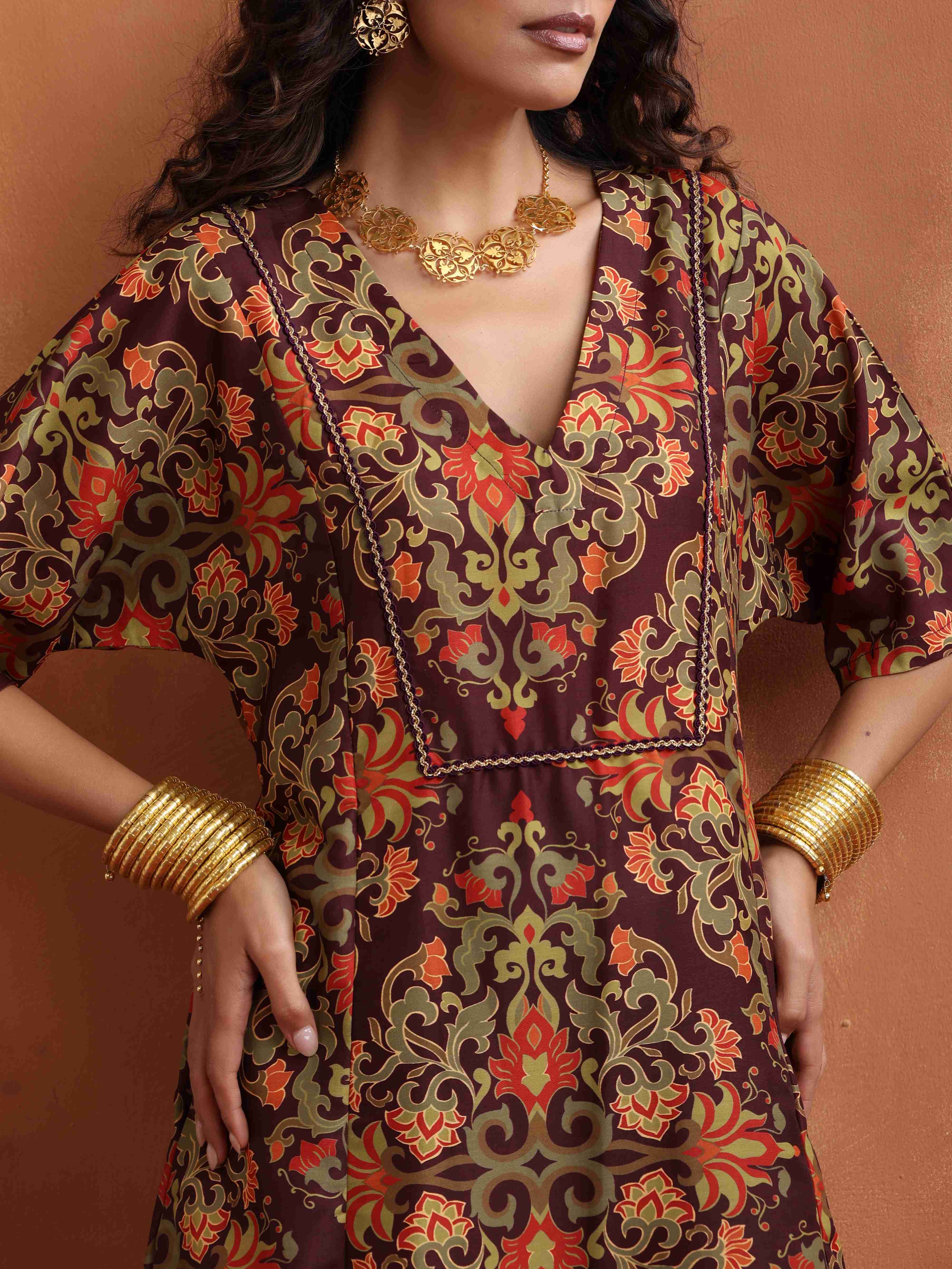 trueBrowns Brown Floral Print Kaftan Kurta Set | Grocsy