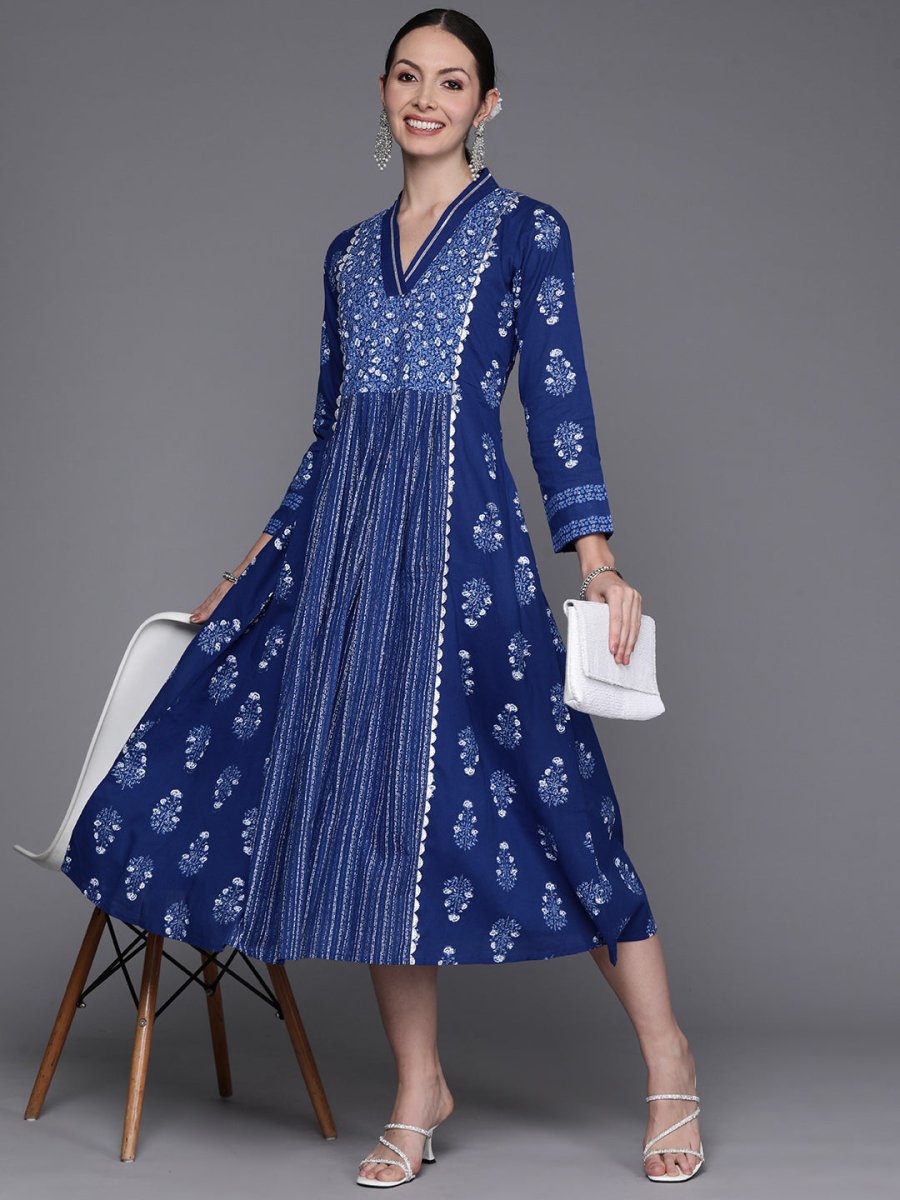 Ahalyaa Floral Print Midi Pure Cotton Ethnic Dress with Lace Inserts Detail | Grocsy