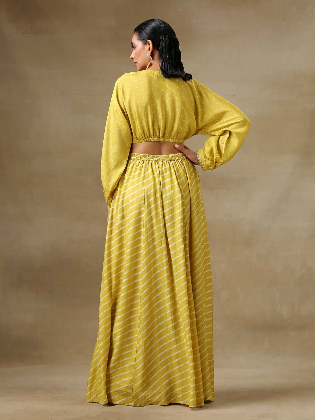 trueBrowns Lime Green Bandhani Printed Silk Top Skirt Set | Grocsy