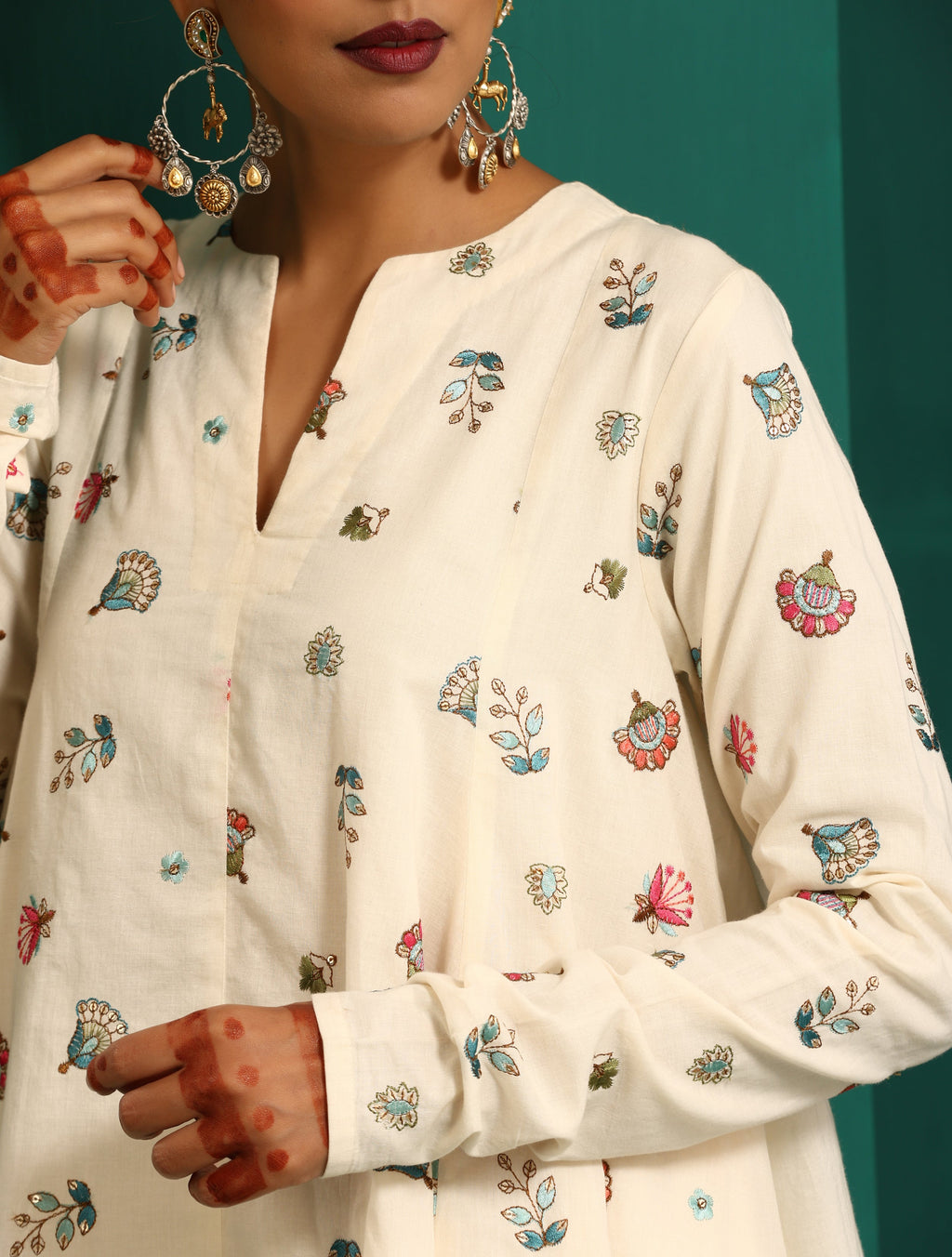 trueBrowns Ivory Multi Color Floral Cotton Flared Co-ord Set | Grocsy
