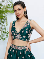 House of Panchhi Teal Pure Georgette Sequins And Thread Embroidery Lehenga Choli & Dupatta | Grocsy