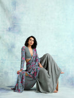 trueBrowns Grey Printed Velvet Ready to Wear Saree | Grocsy