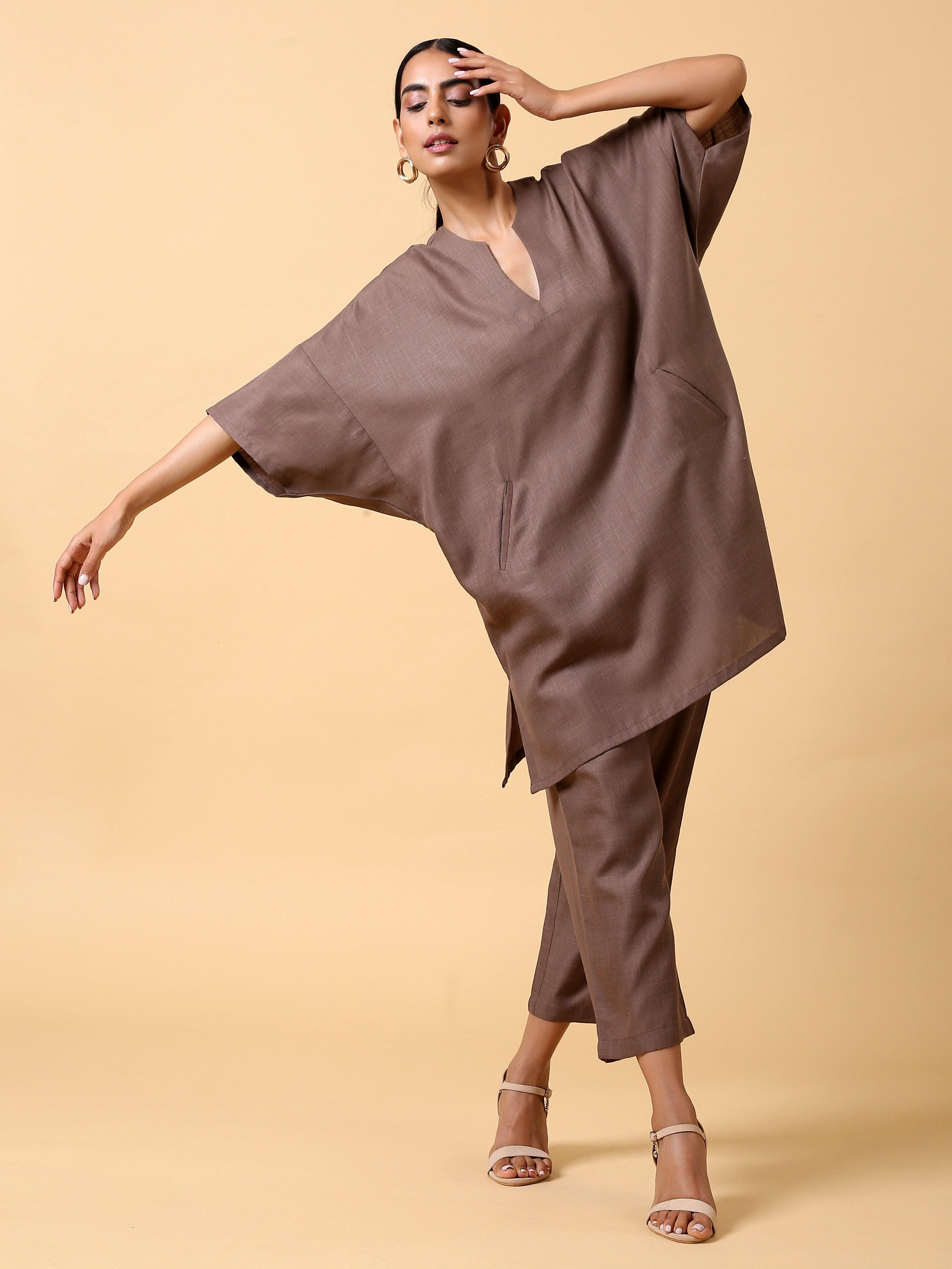 trueBrowns Cotton Linen Burnt Brown Boxy Fit Co-Ord Set | Grocsy