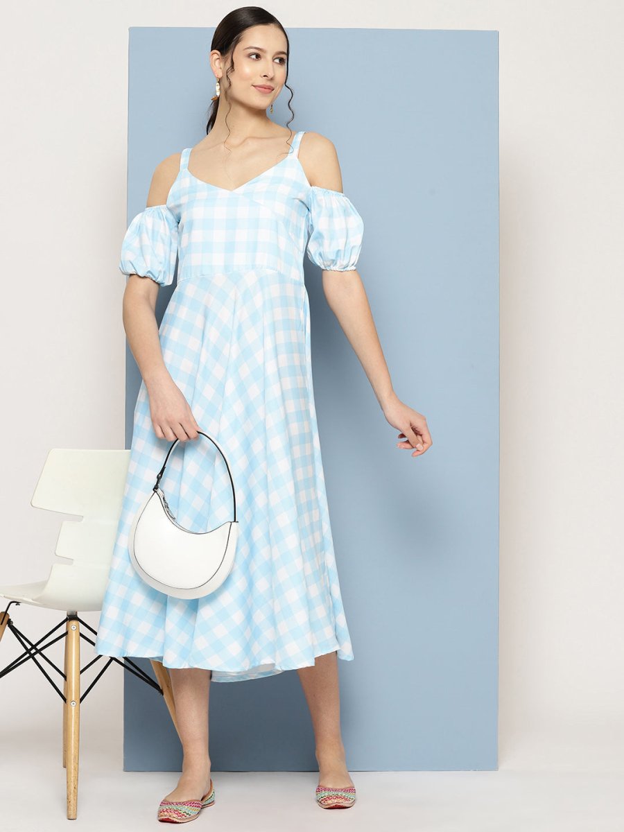 Ahalyaa Checked Cold-Shoulder Sleeves Midi Empire Ethnic Dress | Grocsy