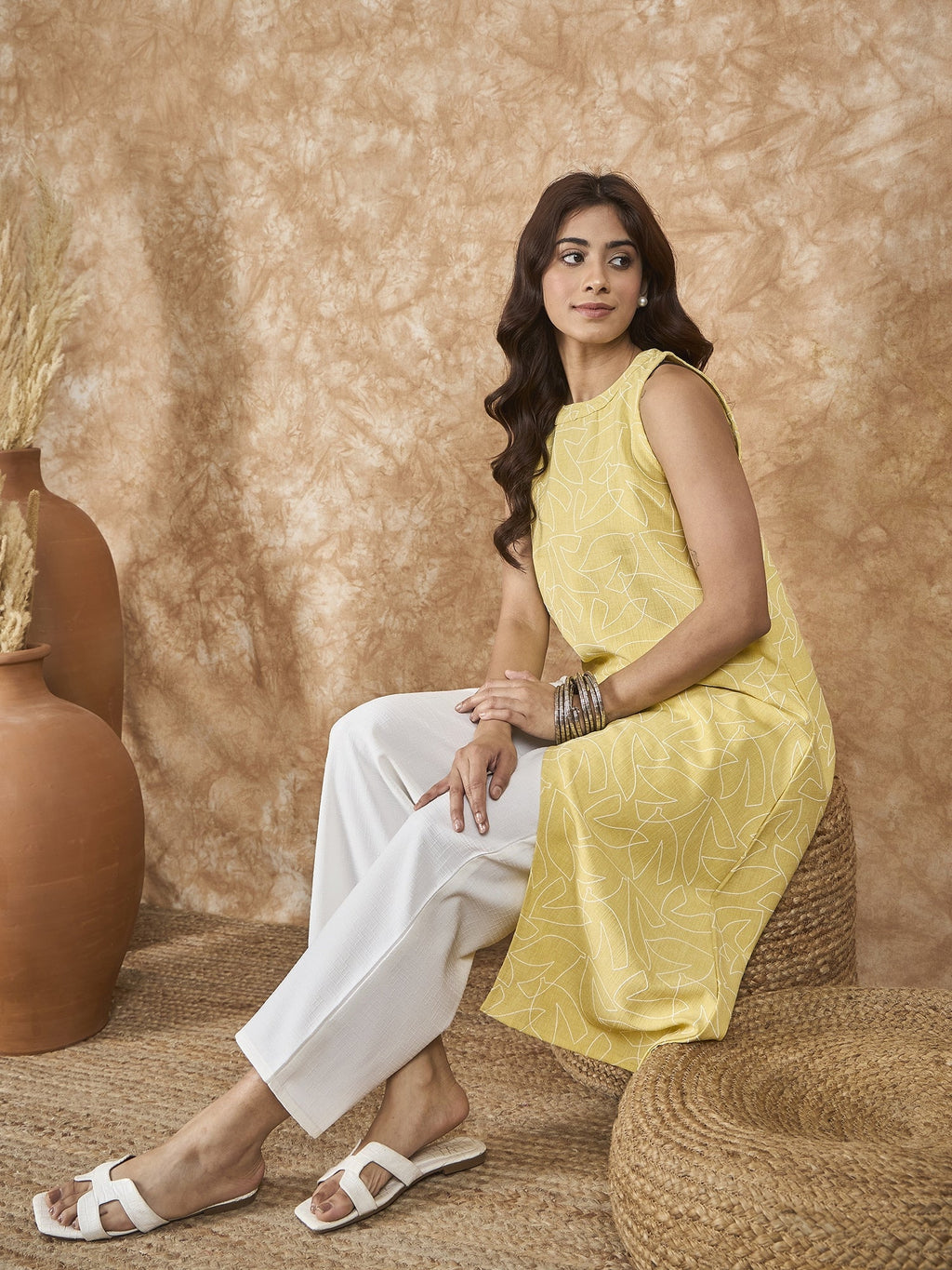 InWeave Light Yellow Side Asymmetric Kurta Set | Grocsy