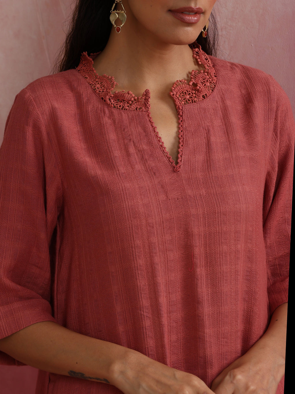 trueBrowns Peach High low Cotton Dobby Kurta Set | Grocsy