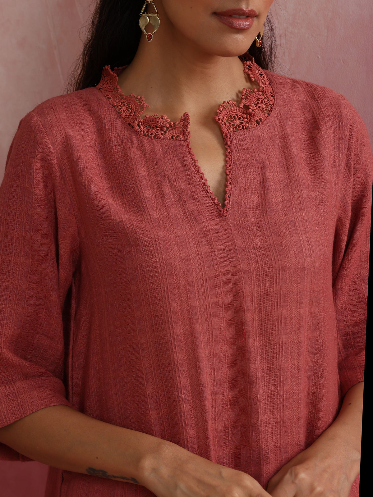 trueBrowns Peach High low Cotton Dobby Kurta Set | Grocsy