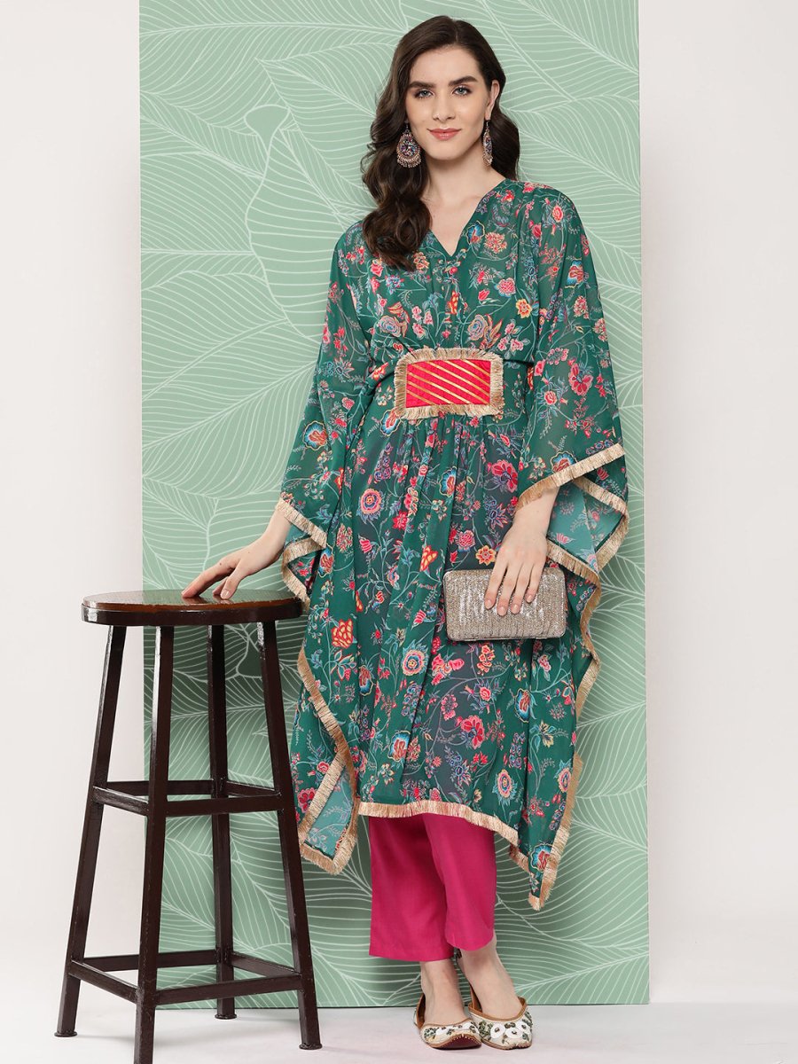 Ahalyaa Women Floral Printed Flared Sleeves Patchwork Georgette Kaftan Kurta | Grocsy