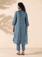 trueBrowns Turquoise Viscose Dobby Flared Kurta Pant Set | Grocsy