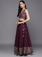 Indian Clothing Ahalyaa Purple & Gold-Toned Printed Sequinned Foil Print Ready to Wear Lehenga & Blouse With Dupatta | Grocsy
