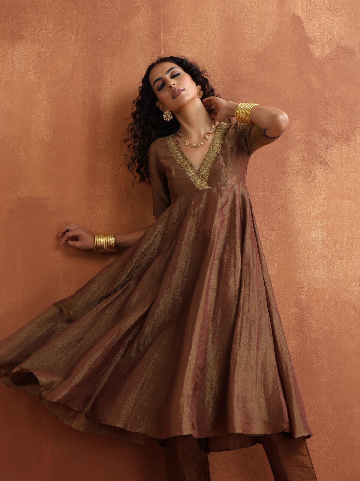trueBrowns Bronze Tissue Flared Anarkali Kurta Set | Grocsy