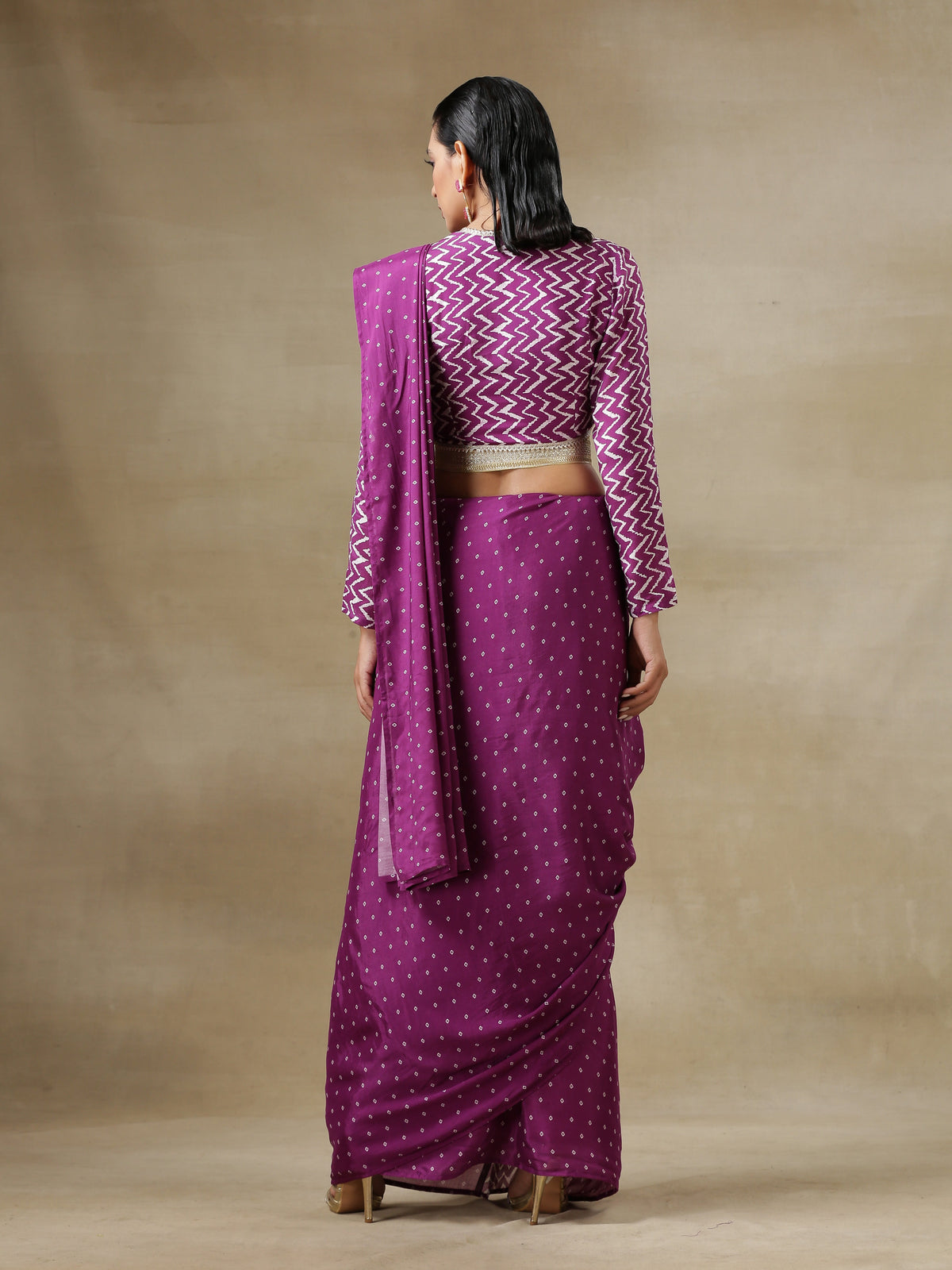 trueBrowns Purple Bandhani Printed Silk Ready to Wear Saree with Belt | Grocsy