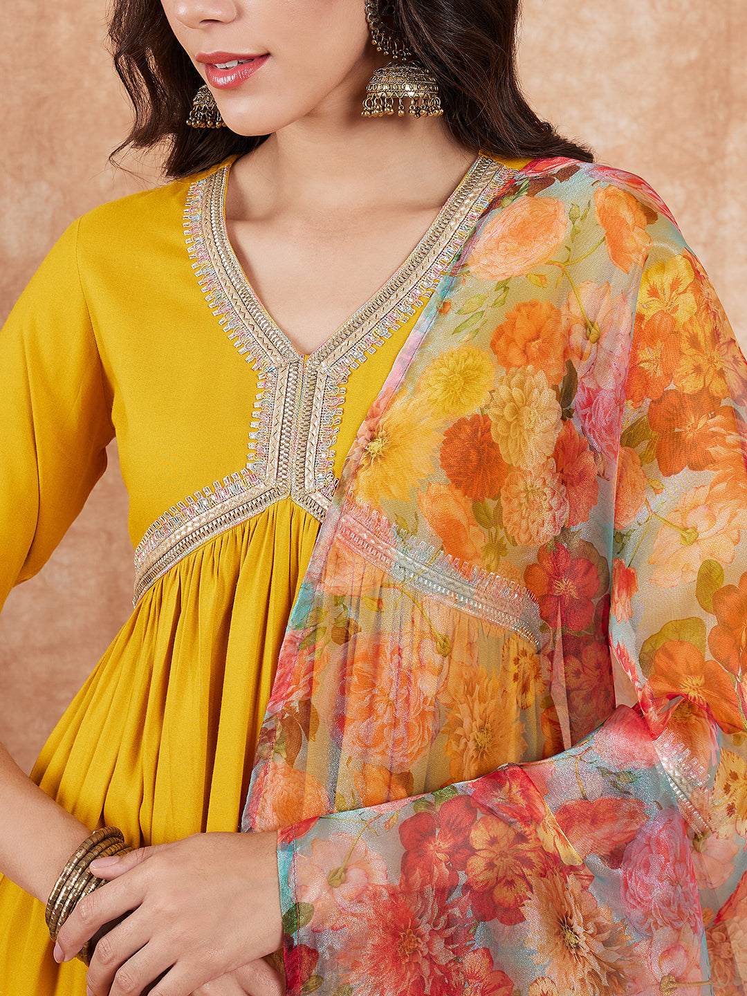InWeave Women's Mustard Alia Neck Style Gota Set W Organza Dupatta | Grocsy