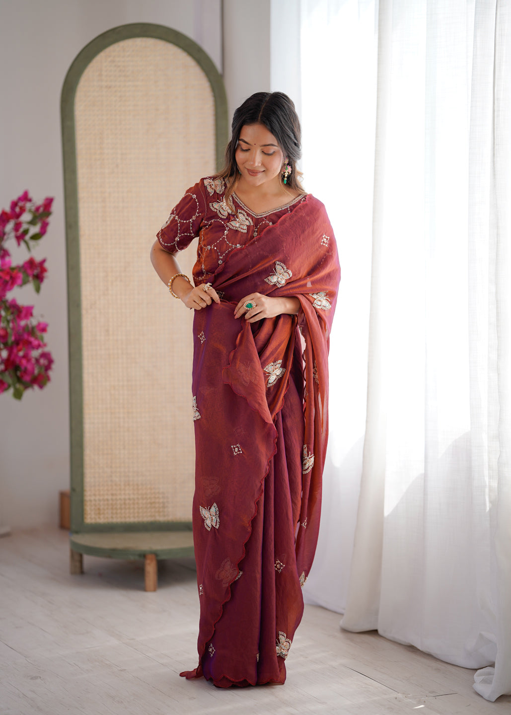 Evanik Rust Mos Silk With Handwork Butterfly Design Saree With Unstitched Blouse | Grocsy