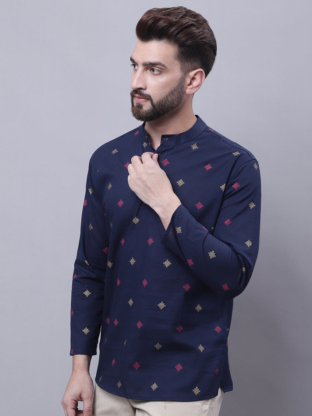Even Apparels Blue Pure Cotton Short Kurta With Band Collar | Grocsy