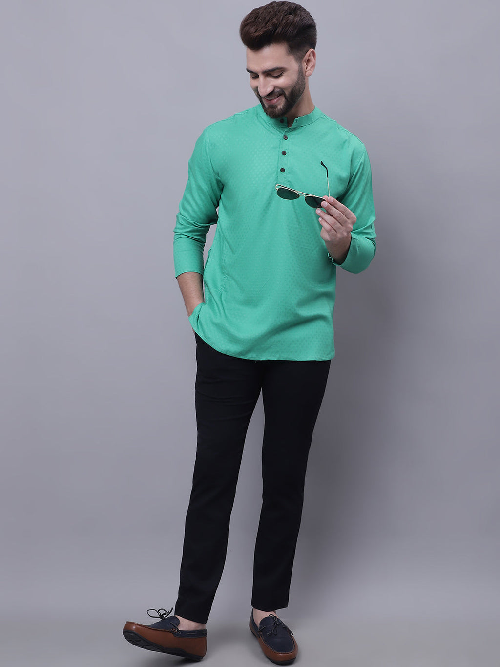 Even Apparels Green Pure Cotton Short Kurta With Band Collar | Grocsy