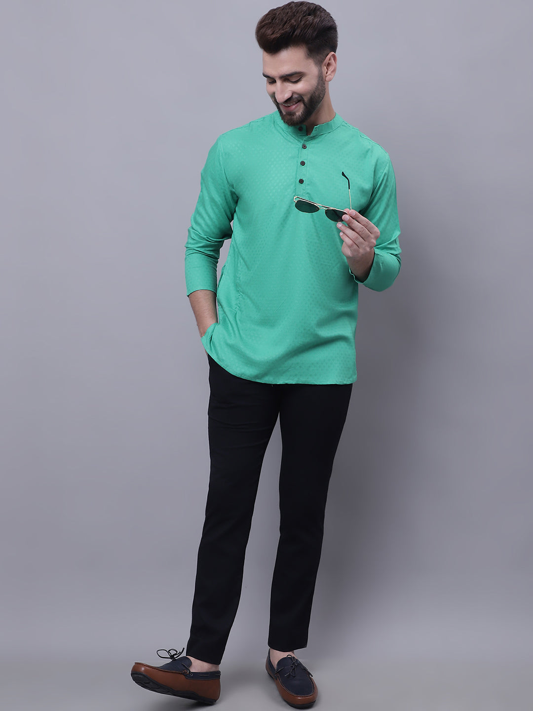 Even Apparels Green Pure Cotton Short Kurta With Band Collar | Grocsy