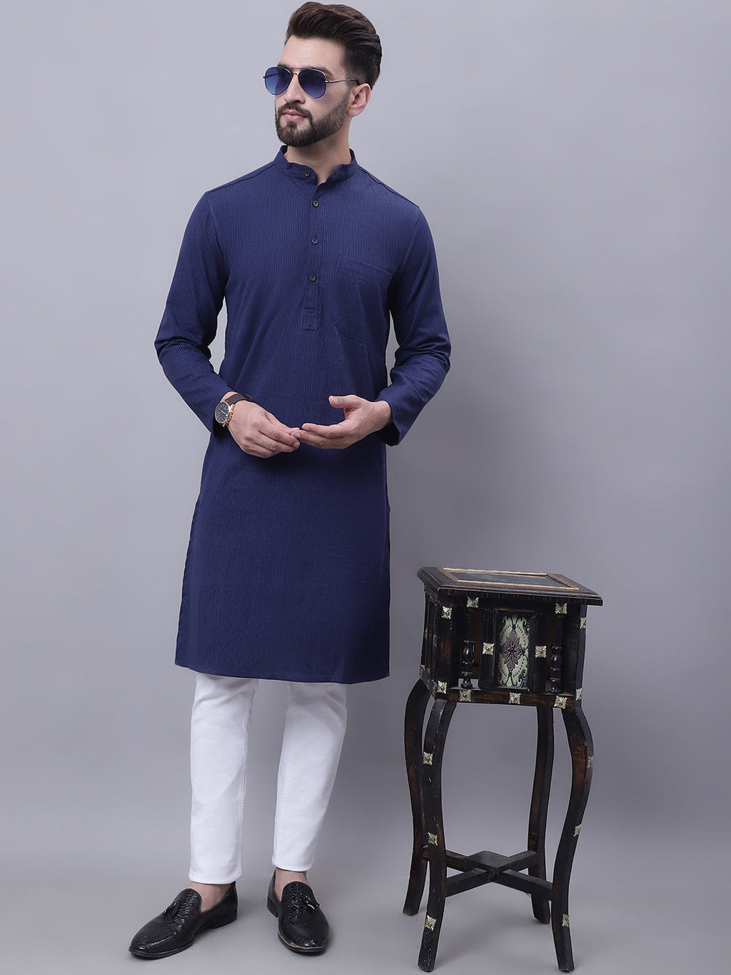 Even Apparels Blue Pure Cotton Kurta With Band Collar | Grocsy