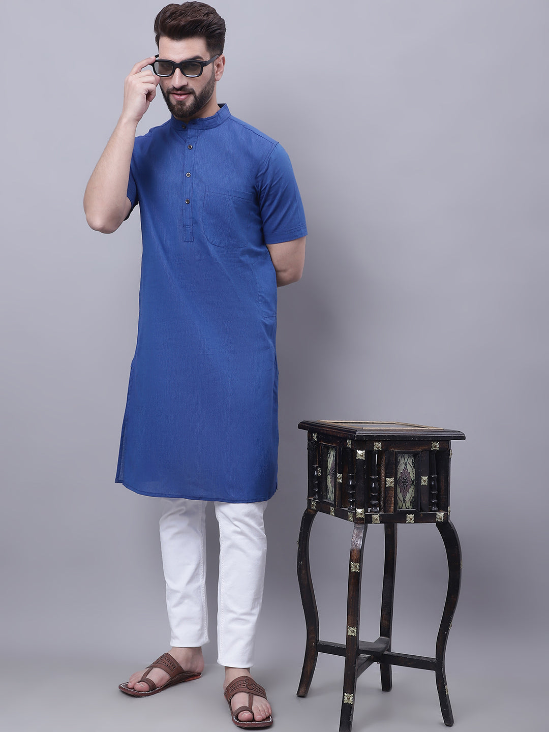 Even Apparels Blue Pure Cotton Short Sleeves Kurta With Band Collar | Grocsy