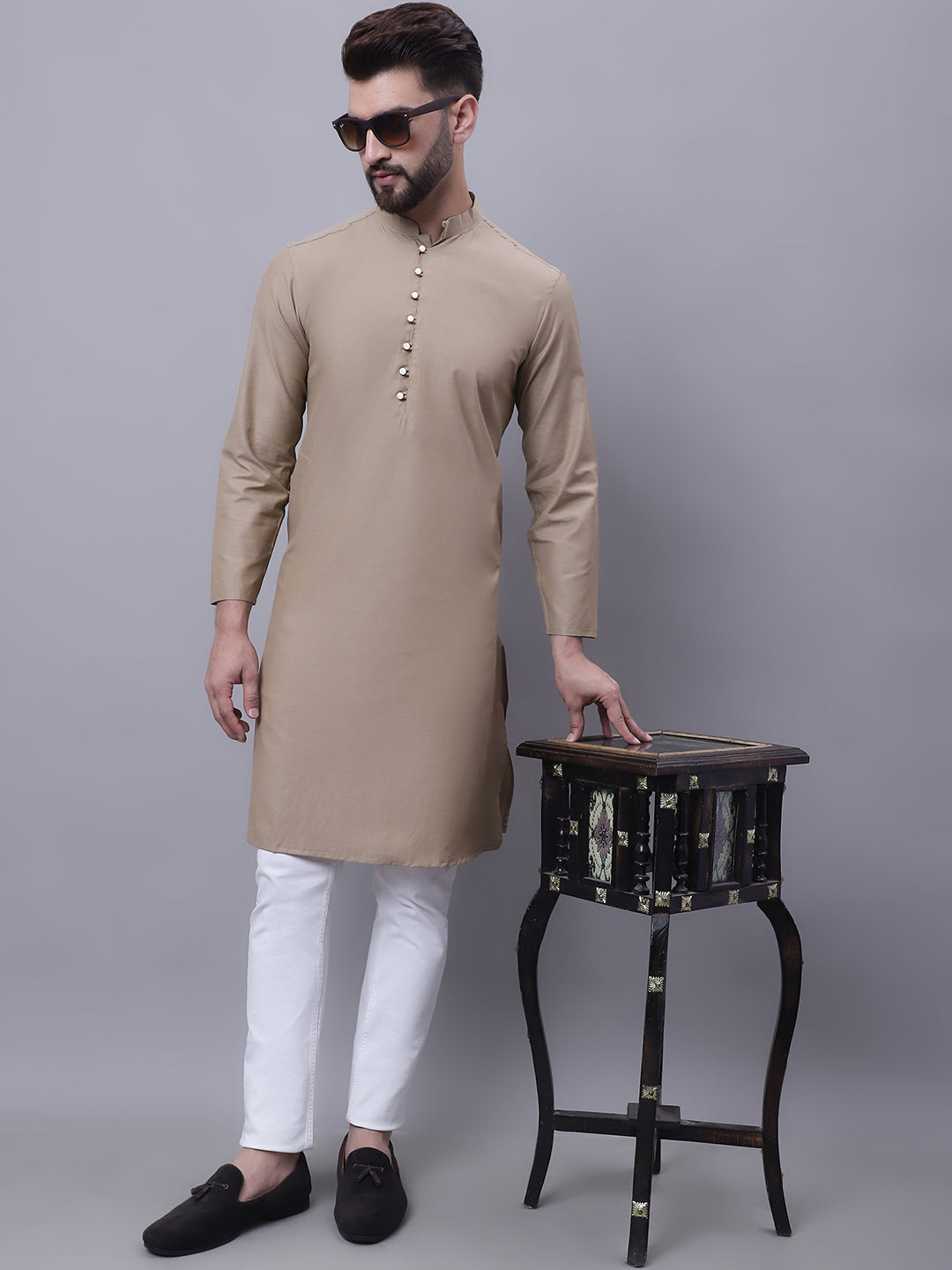 Even Apparels Beige Pure Cotton Kurta With Band Collar | Grocsy