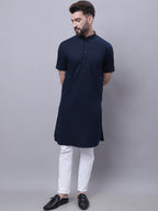 Even Apparels Blue Pure Cotton Short Sleeves Kurta With Band Collar | Grocsy