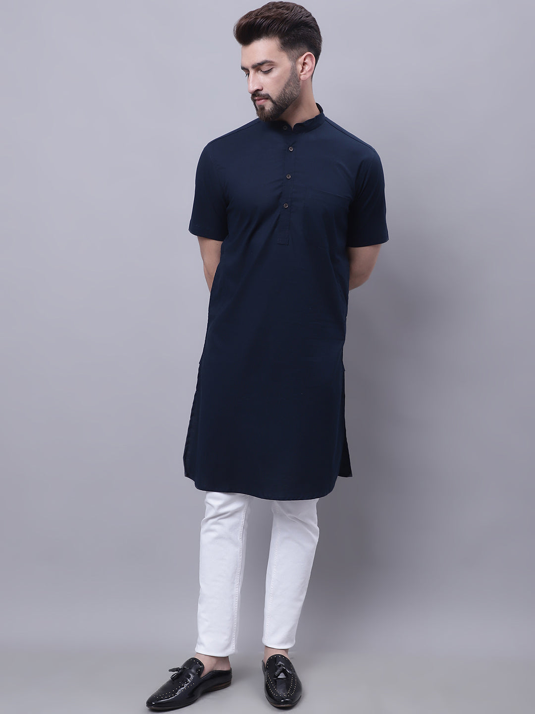 Even Apparels Blue Pure Cotton Short Sleeves Kurta With Band Collar | Grocsy