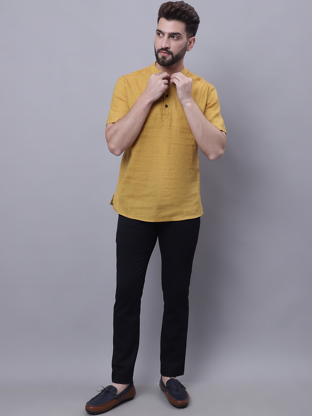 Even Apparels Yellow Pure Cotton Short Sleeves Kurta With Band Collar | Grocsy