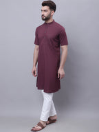 Even Apparels Wine Pure Cotton Short Sleeves Kurta With Band Collar | Grocsy