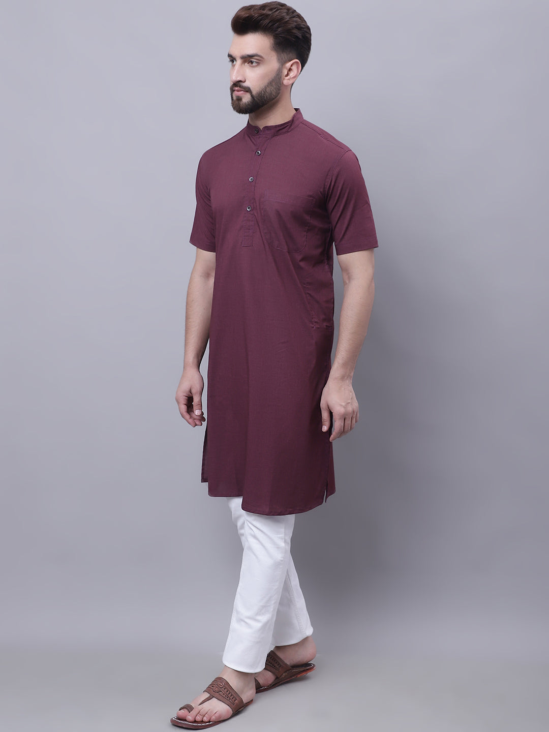 Even Apparels Wine Pure Cotton Short Sleeves Kurta With Band Collar | Grocsy