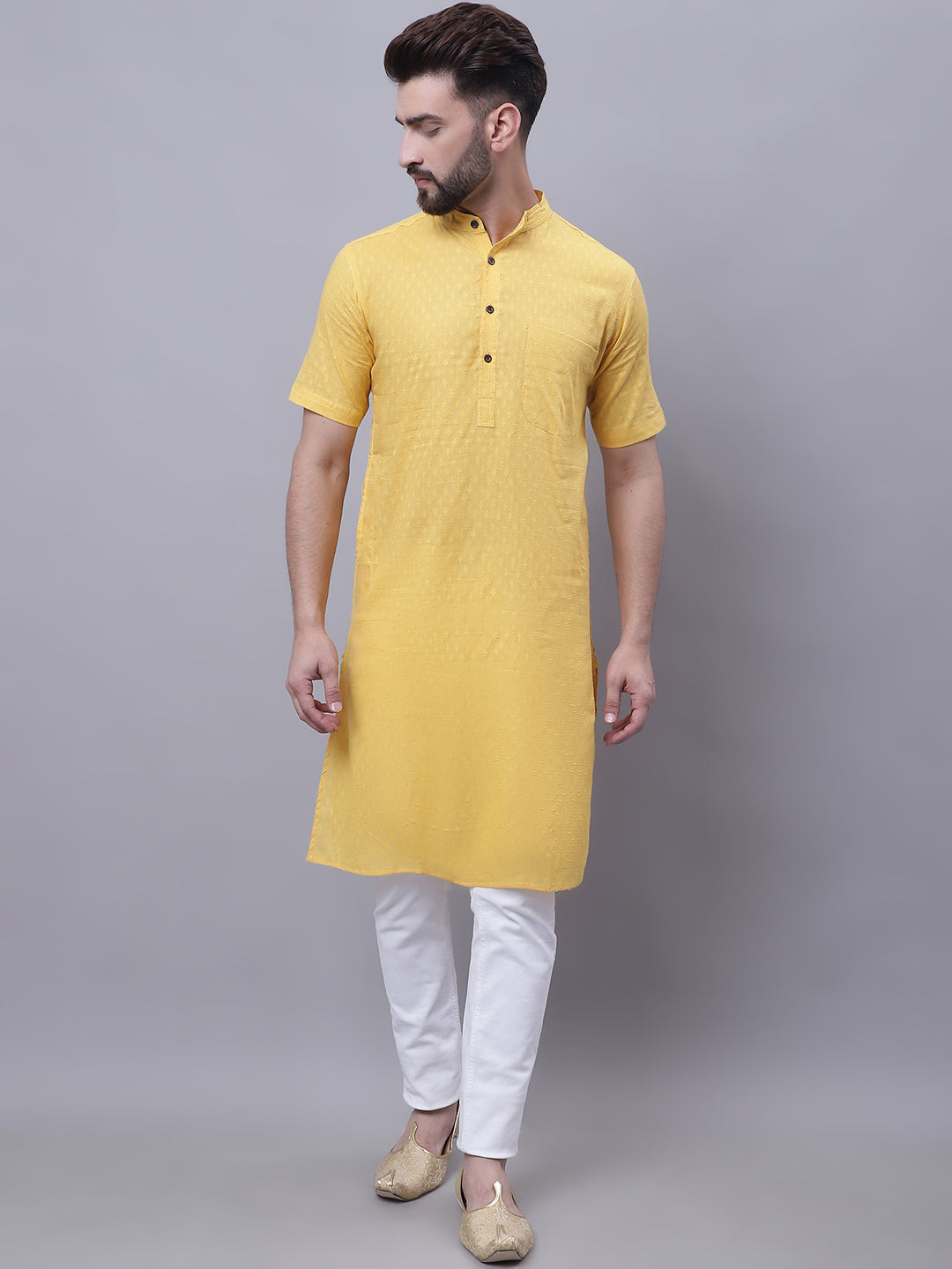 Even Apparels Yellow Pure Cotton Short Sleeves Kurta With Band Collar | Grocsy
