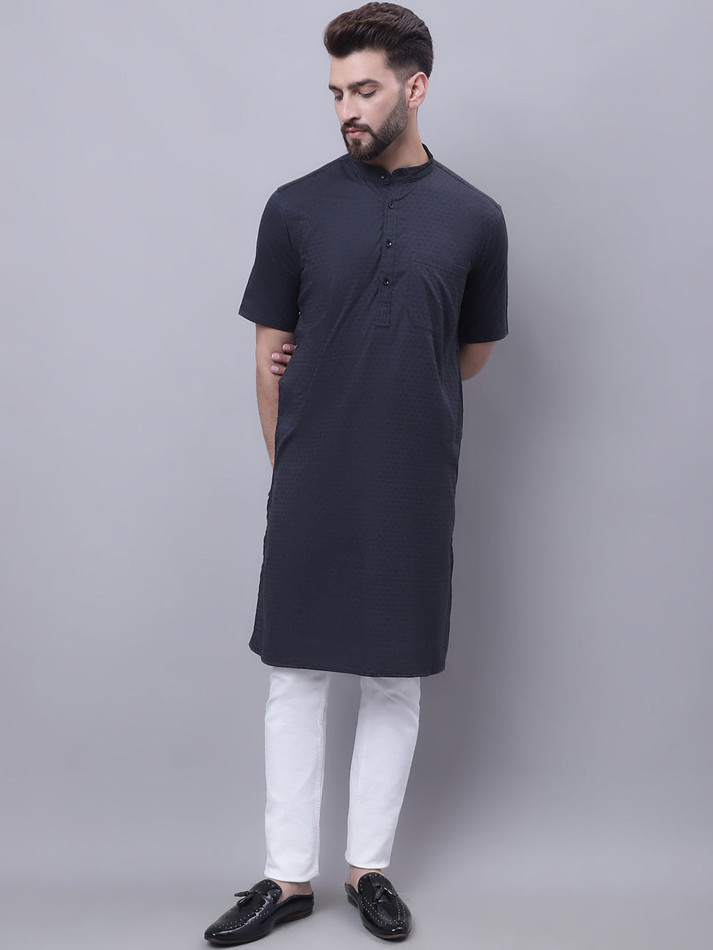 Even Apparels Black Pure Cotton Short Sleeves Kurta With Band Collar | Grocsy