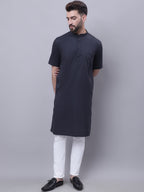 Even Apparels Black Pure Cotton Short Sleeves Kurta With Band Collar | Grocsy
