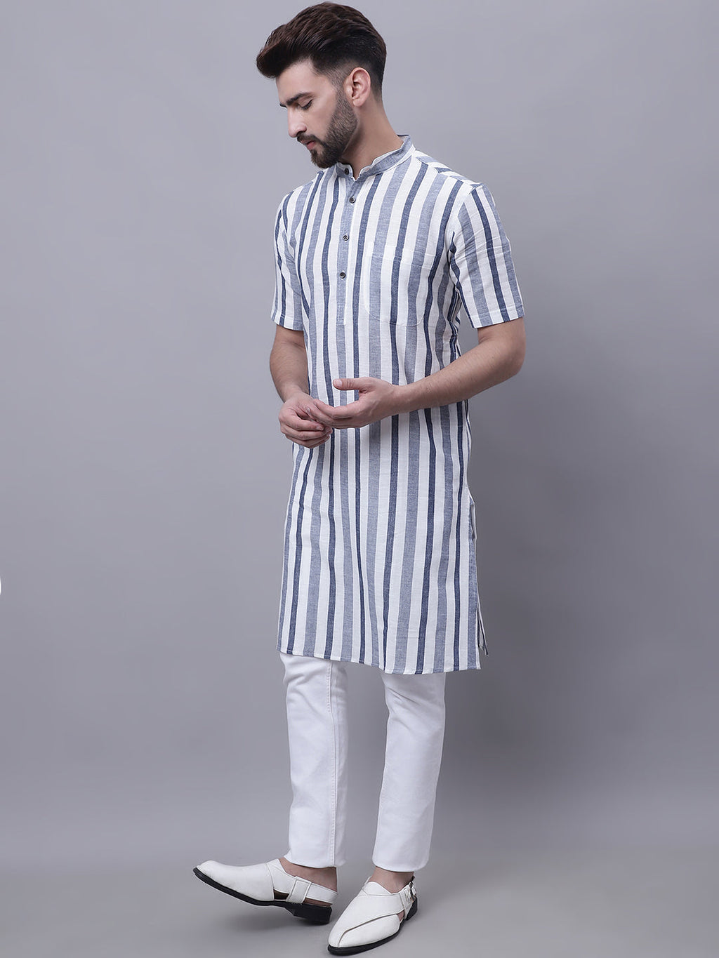 Even Apparels Grey Pure Cotton Short Sleeves Kurta With Band Collar | Grocsy