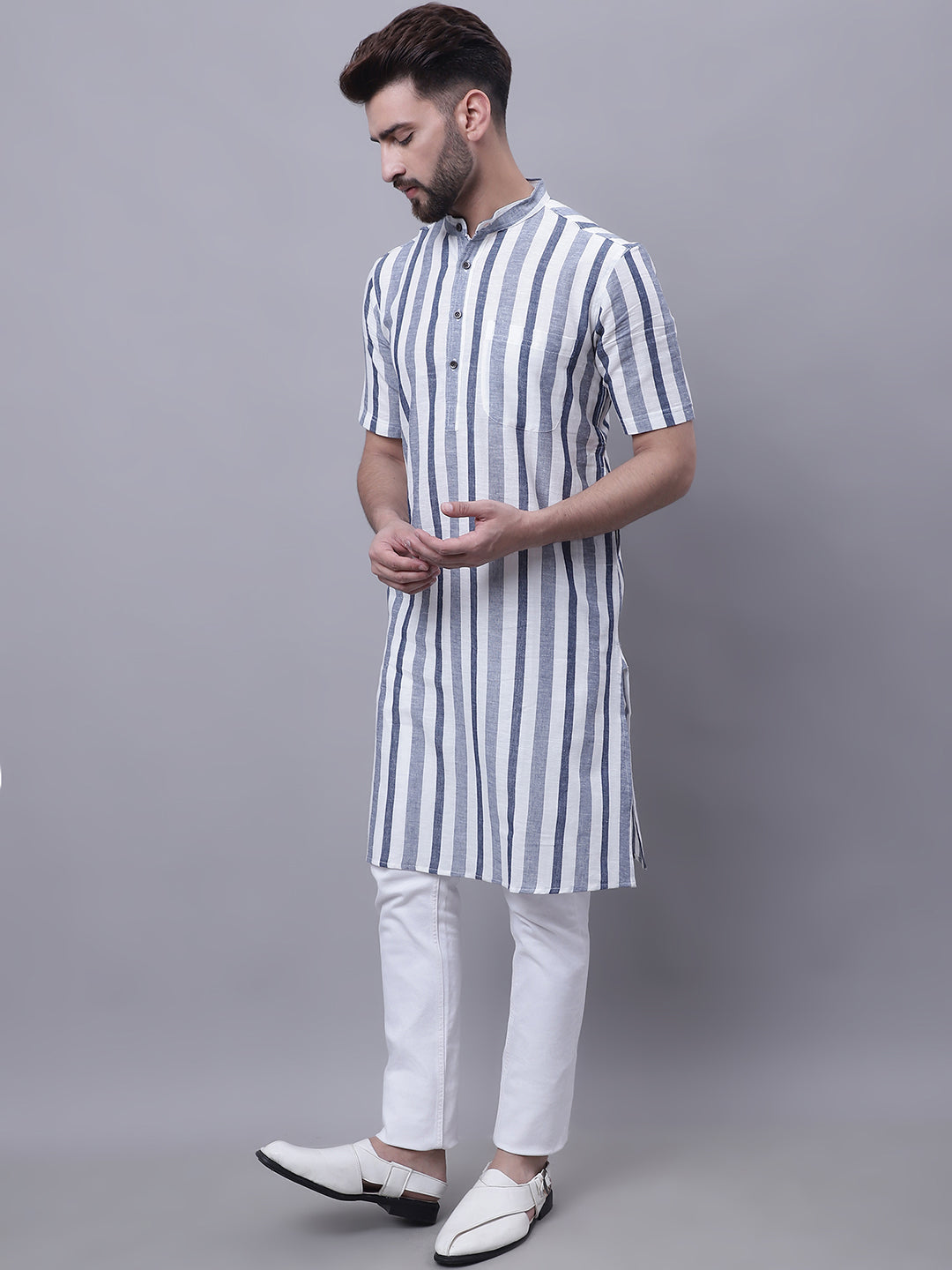 Even Apparels Grey Pure Cotton Short Sleeves Kurta With Band Collar | Grocsy