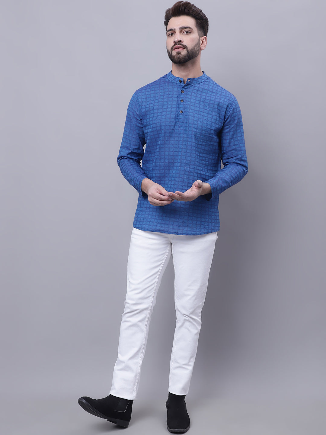 Even Apparels Blue Pure Cotton Short Kurta With Band Collar | Grocsy