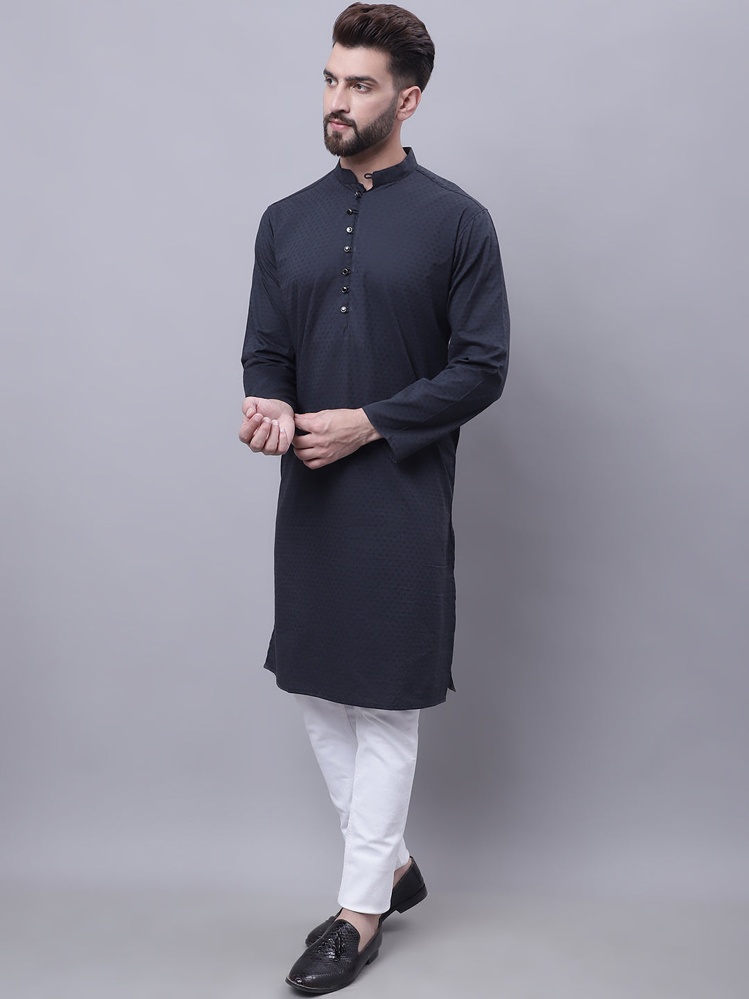 Even Apparels Black Pure Cotton Kurta With Band Collar | Grocsy