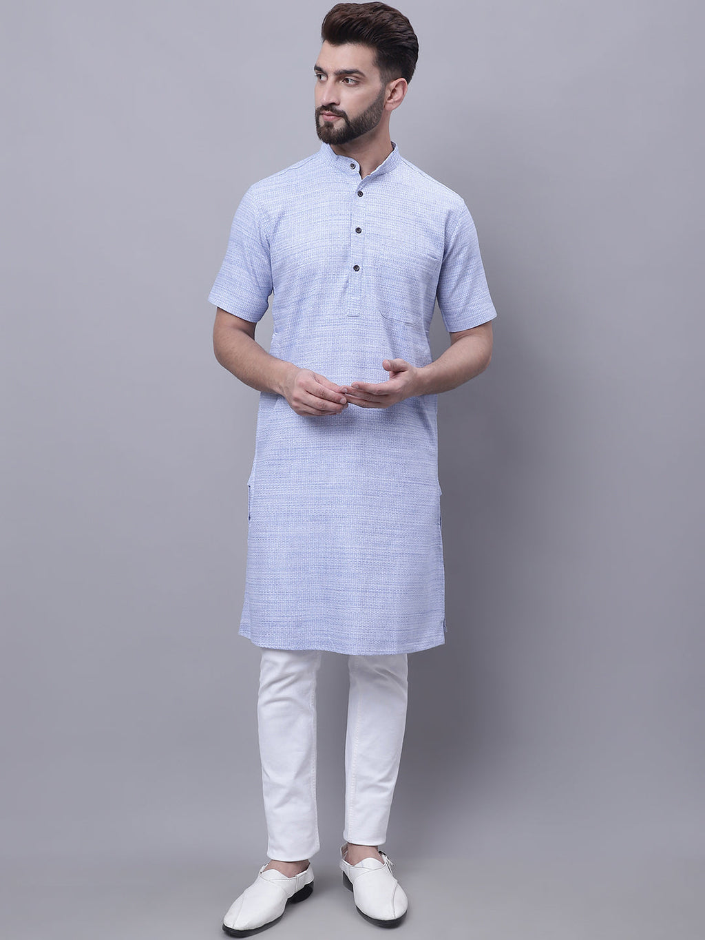 Even Apparels Blue Pure Cotton Short Sleeves Kurta With Band Collar | Grocsy